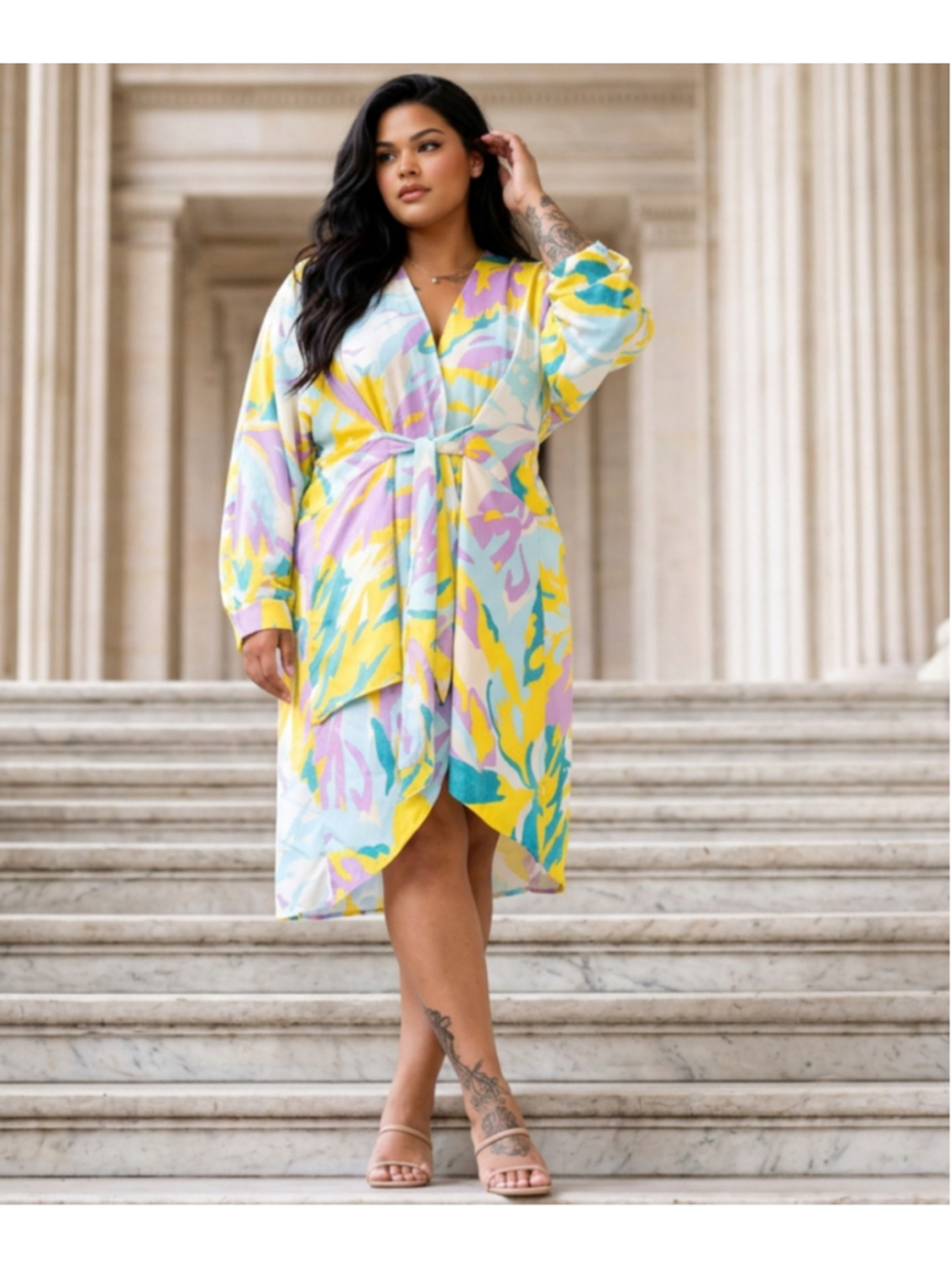 Plus-size City Chic Luxe Wrap Mini Dress Size 24 Yellow Purple Floral Flowy NWOT
